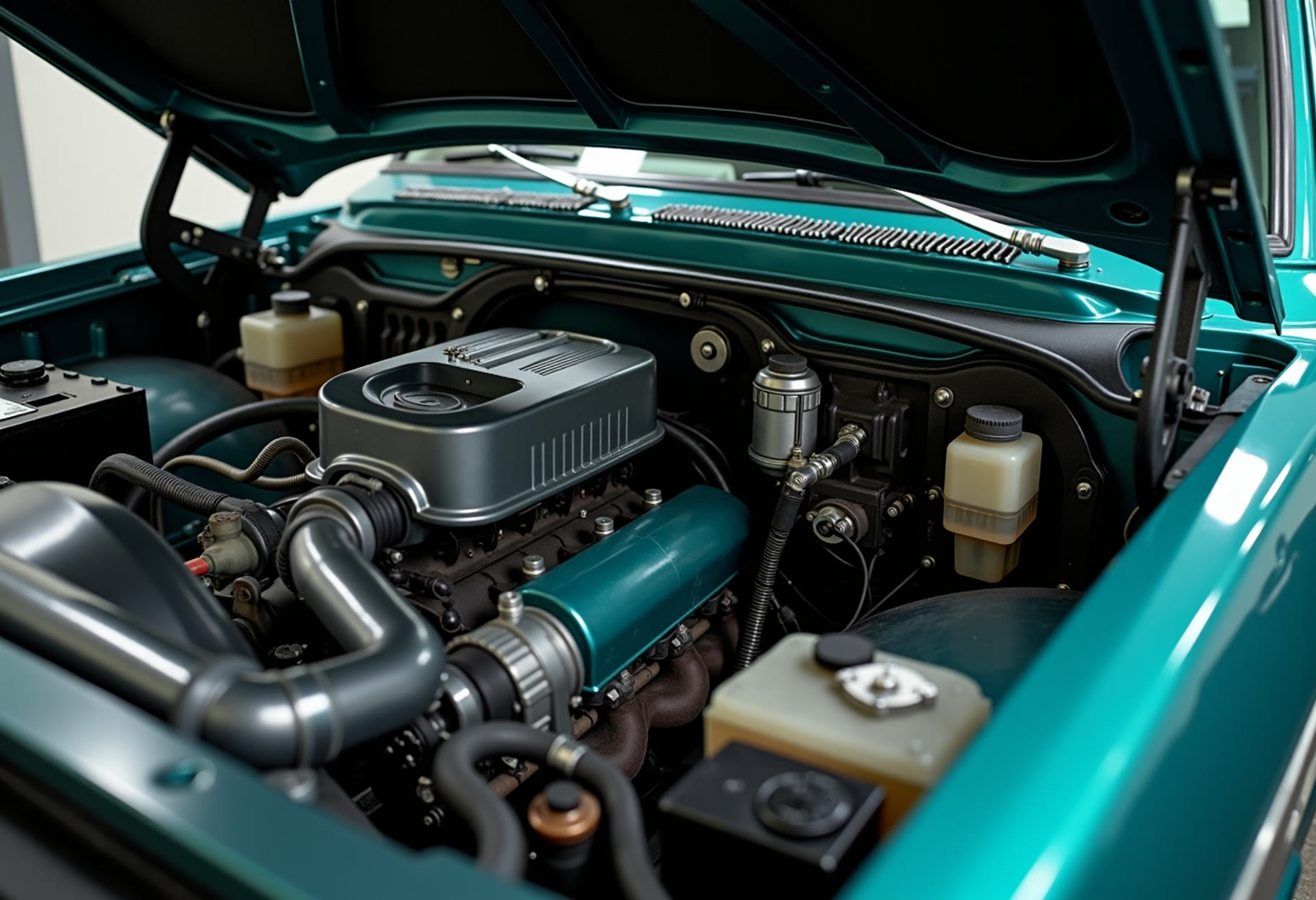 Engine bay degreased and dressed on a pickup